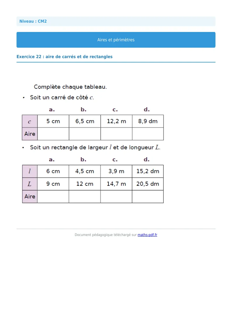 Aires et périmètres : exercice n°22 de maths en CM2 corrigé en PDF