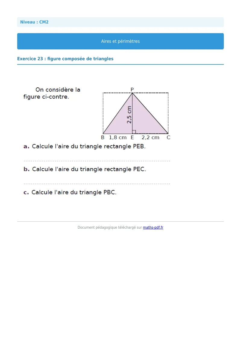 Aires et périmètres : exercice n°23 de maths en CM2 corrigé en PDF