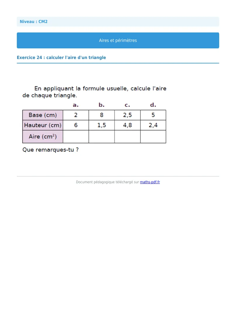 Aires et périmètres : exercice n°24 de maths en CM2 corrigé en PDF