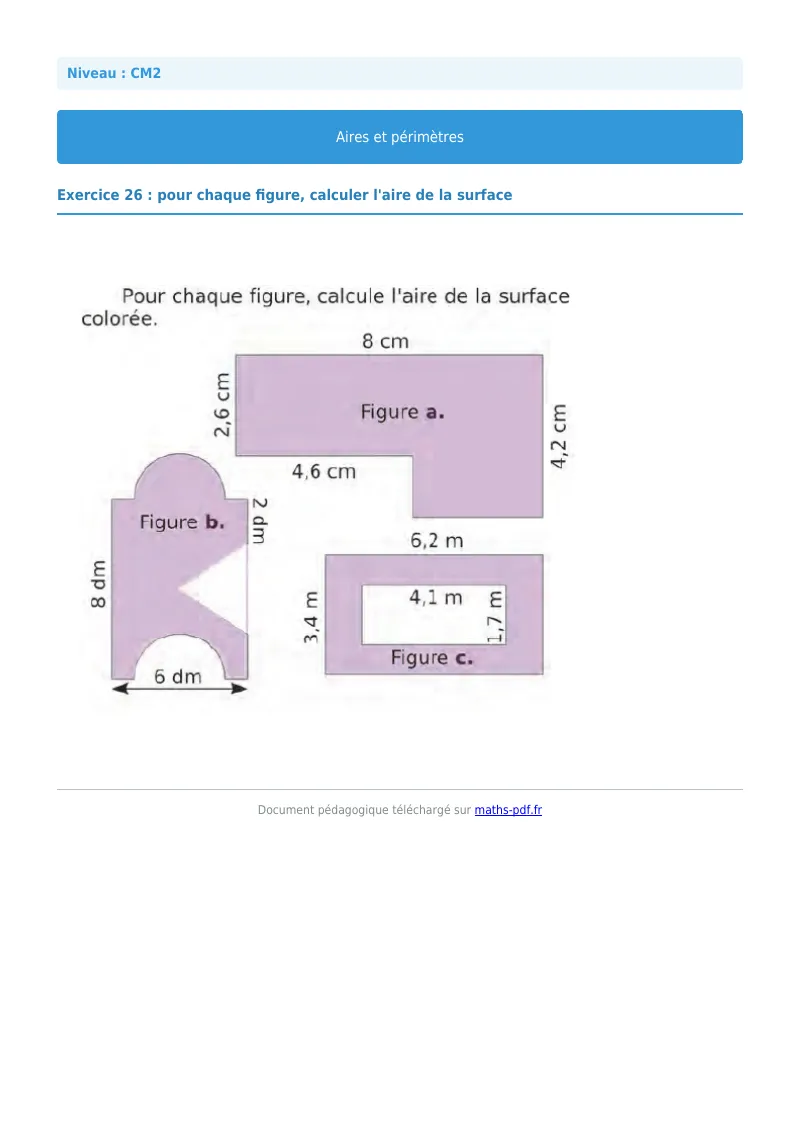 Aires et périmètres : exercice n°26 de maths en CM2 corrigé en PDF