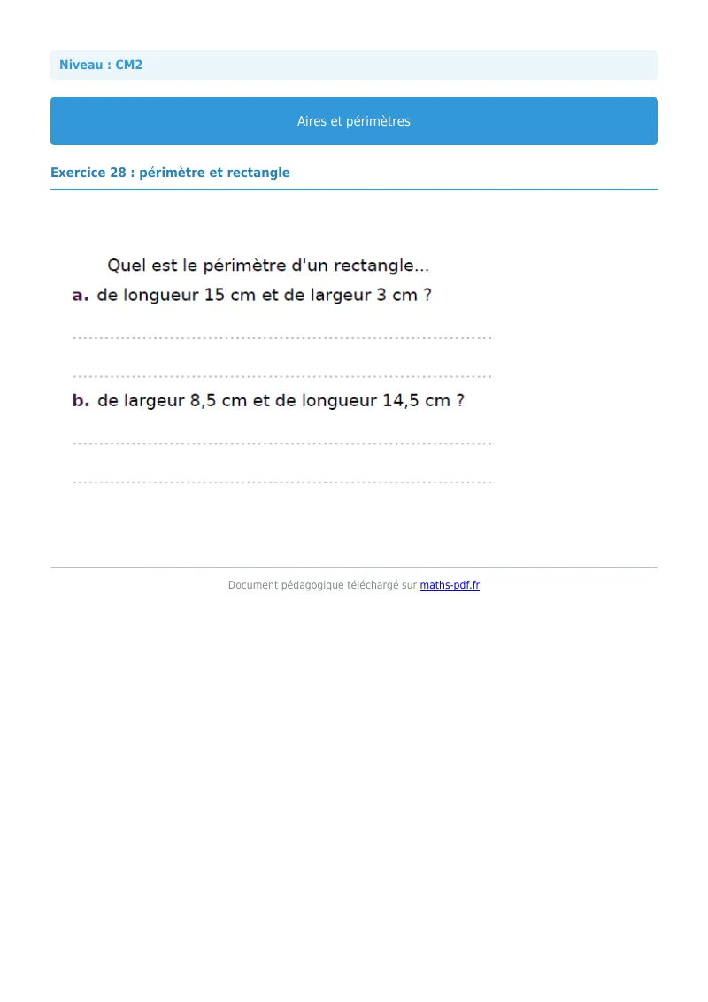 Aires et périmètres : exercice n°28 de maths en CM2 corrigé en PDF
