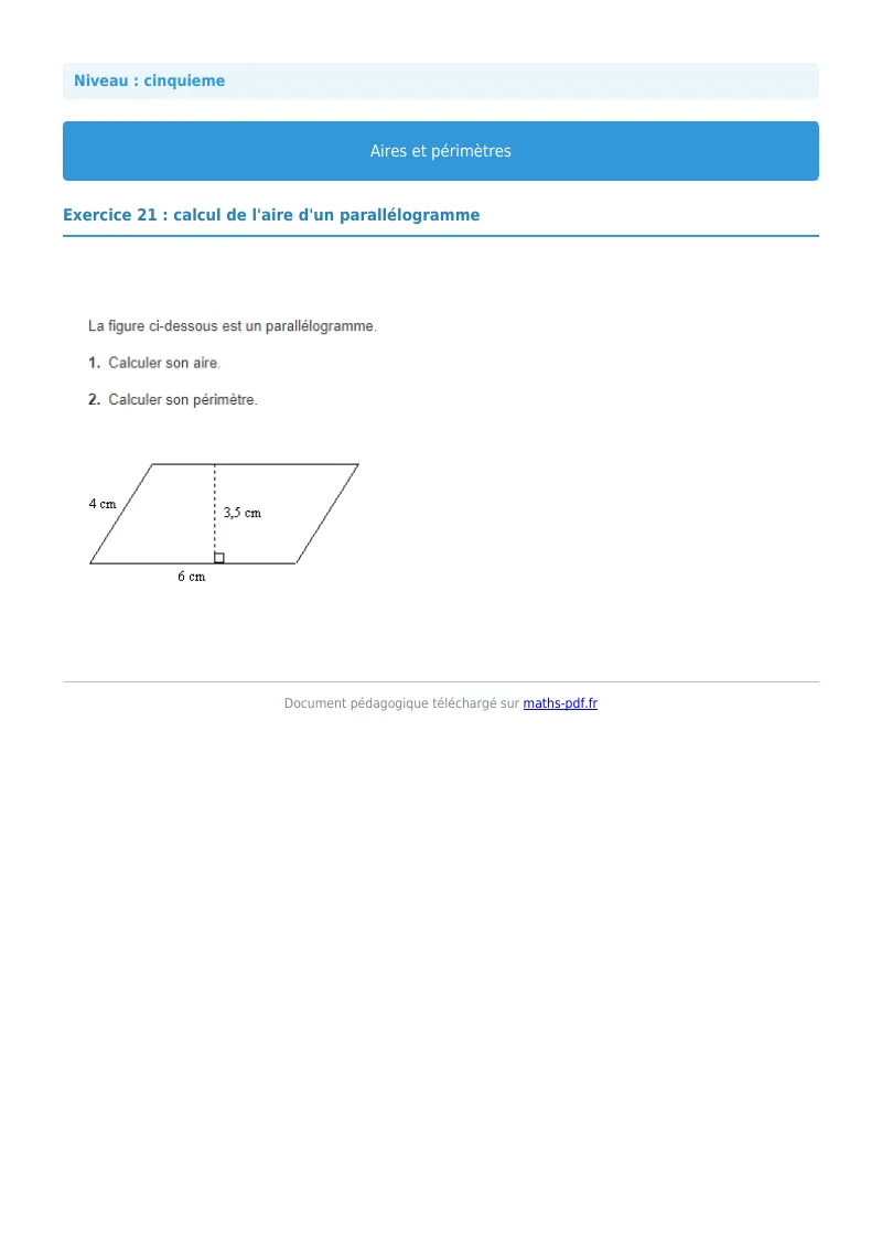 Aires et périmètres de figures : exercice n°21 de maths en 5ème corrigé en PDF
