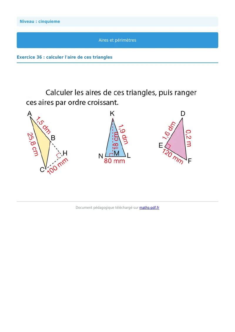 Aires et périmètres de figures : exercice n°36 de maths en 5ème corrigé en PDF