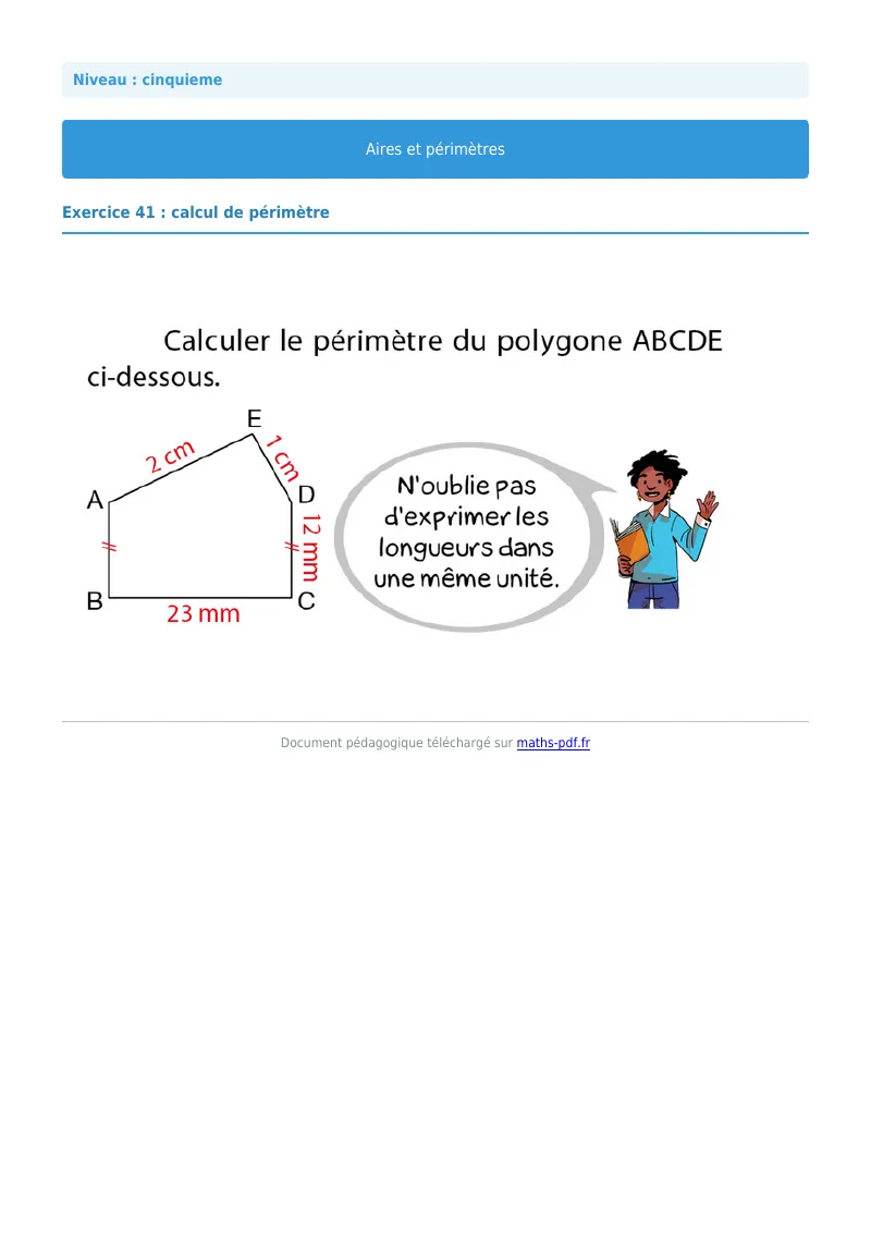 Aires et périmètres de figures : exercice n°41 de maths en 5ème corrigé en PDF