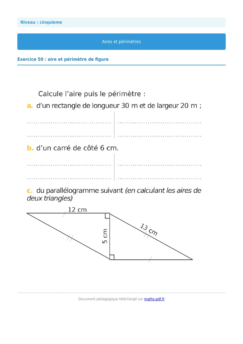 Aires et périmètres de figures : exercice n°50 de maths en 5ème corrigé en PDF