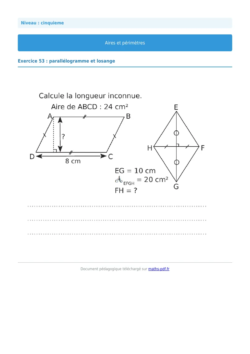 Aires et périmètres de figures : exercice n°53 de maths en 5ème corrigé en PDF
