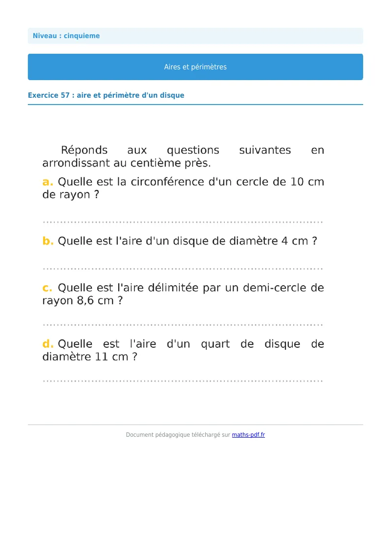 Aires et périmètres de figures : exercice n°57 de maths en 5ème corrigé en PDF