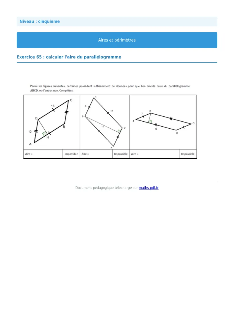 Aires et périmètres de figures : exercice n°65 de maths en 5ème corrigé en PDF