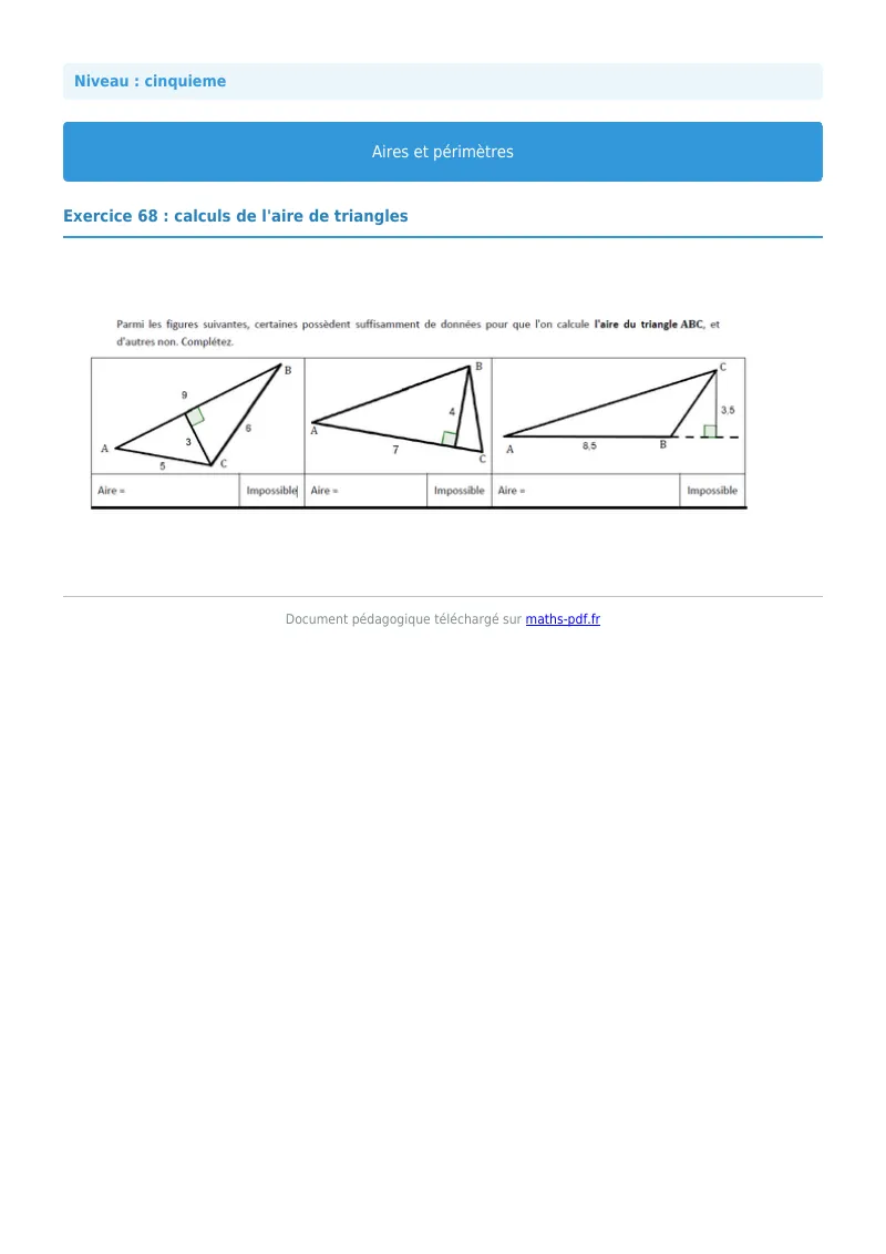 Aires et périmètres de figures : exercice n°68 de maths en 5ème corrigé en PDF