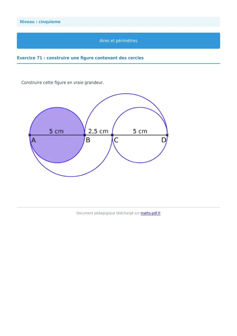 Aires et périmètres de figures : exercice n°71 de maths en 5ème corrigé en PDF