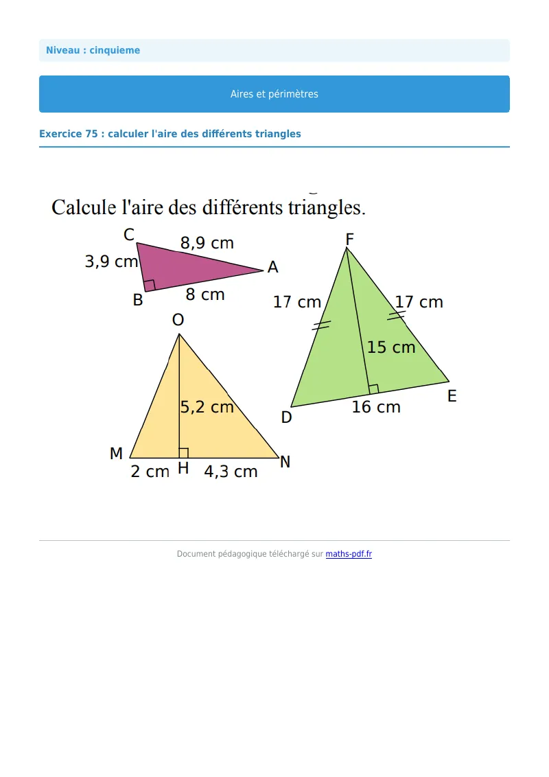 Aires et périmètres de figures : exercice n°75 de maths en 5ème corrigé en PDF