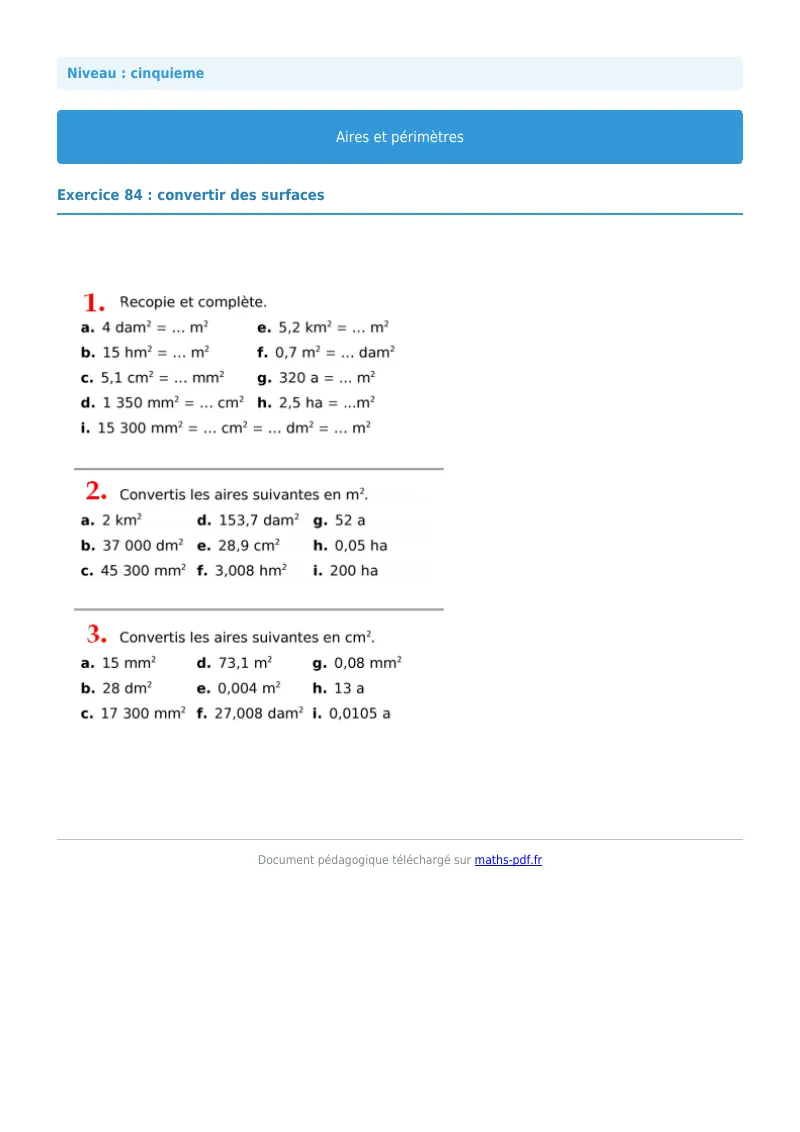 Aires et périmètres de figures : exercice n°84 de maths en 5ème corrigé en PDF