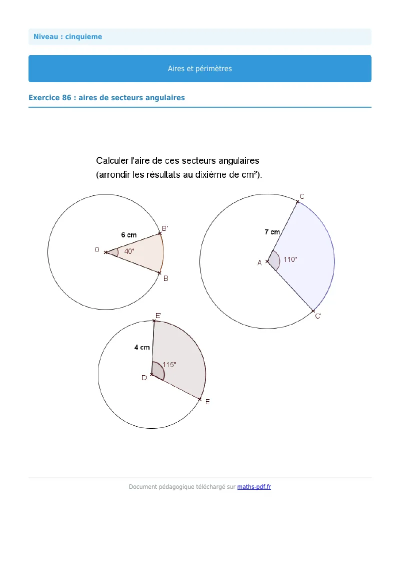 Aires et périmètres de figures : exercice n°86 de maths en 5ème corrigé en PDF