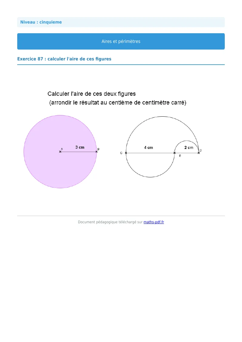 Aires et périmètres de figures : exercice n°87 de maths en 5ème corrigé en PDF
