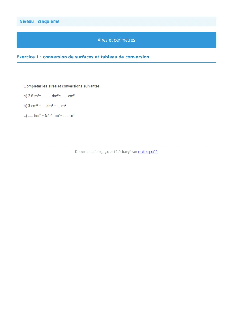 Aires et périmètres de figures : exercice n°1 de maths en 5ème corrigé en PDF
