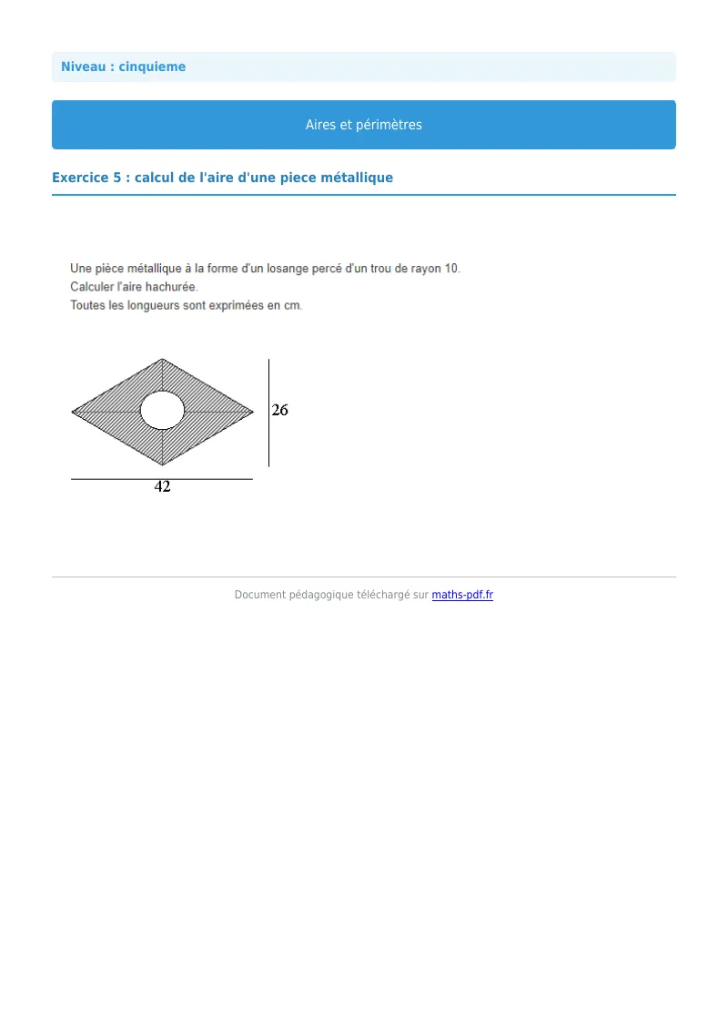 Aires et périmètres de figures : exercice n°5 de maths en 5ème corrigé en PDF