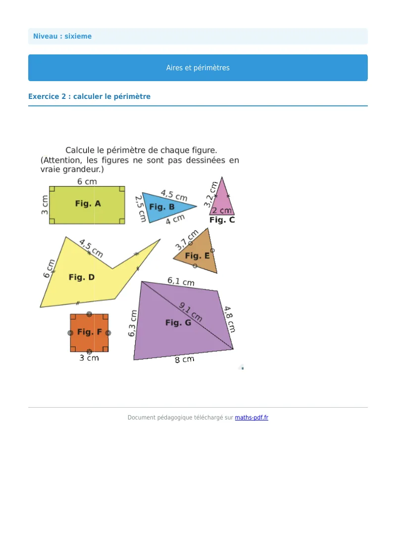 Aires et périmètres de figures : exercice n°2 de maths en 6ème corrigé en PDF
