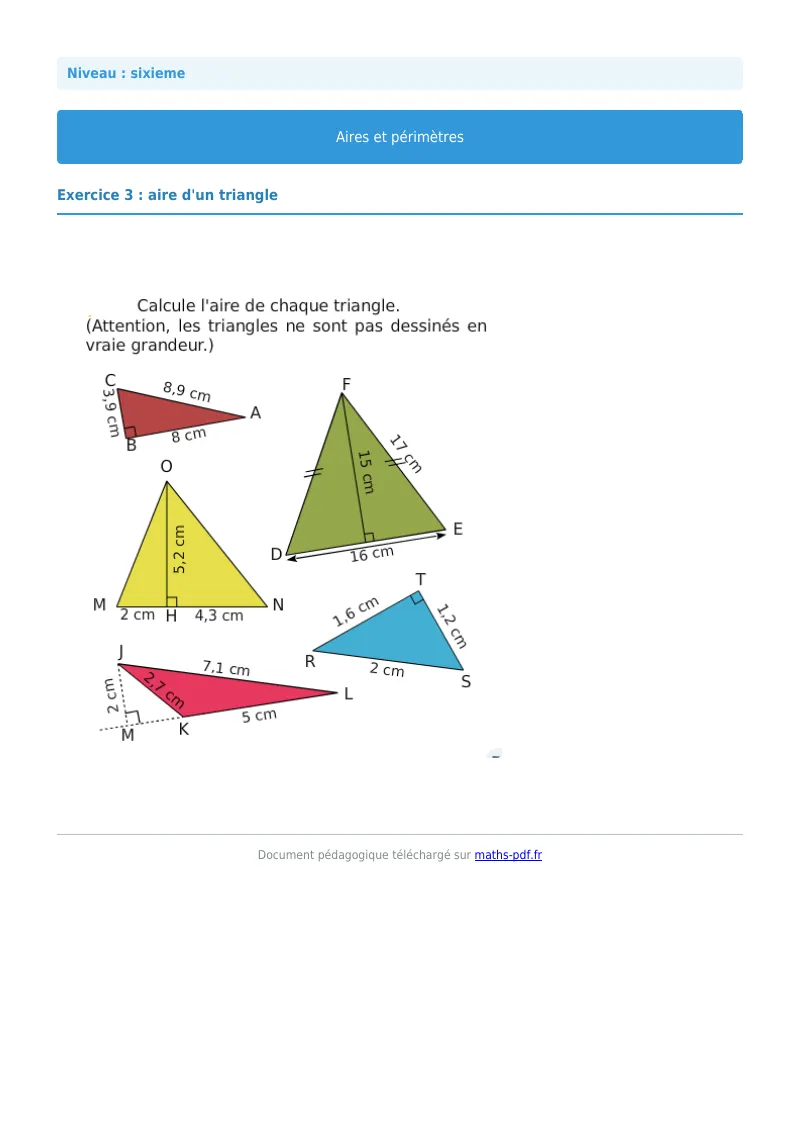 Aires et périmètres de figures : exercice n°3 de maths en 6ème corrigé en PDF
