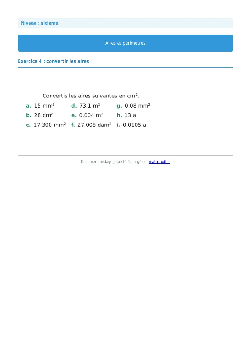 Aires et périmètres de figures : exercice n°4 de maths en 6ème corrigé en PDF