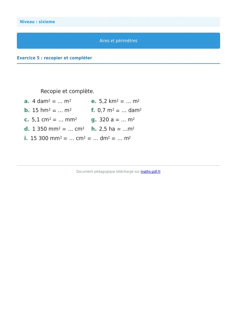 Aires et périmètres de figures : exercice n°5 de maths en 6ème corrigé en PDF