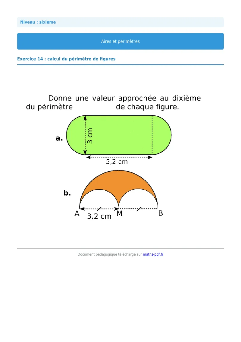 Aires et périmètres de figures : exercice n°14 de maths en 6ème corrigé en PDF