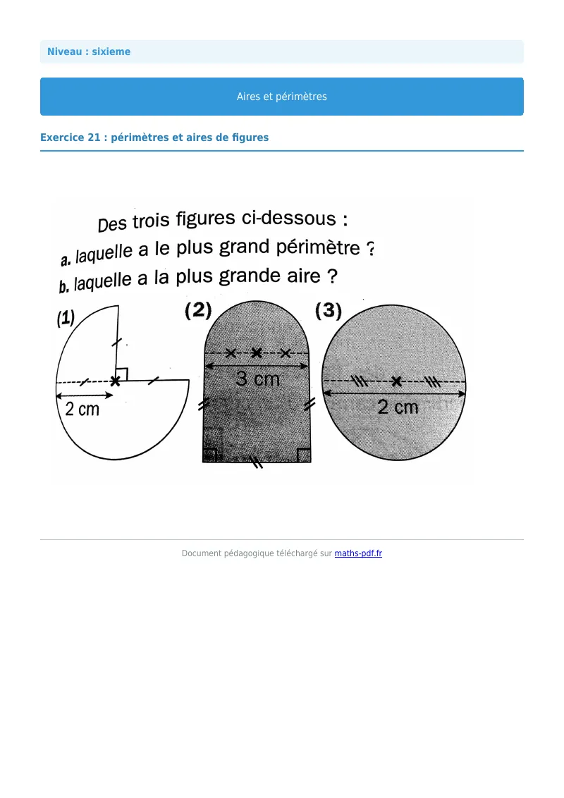 Aires et périmètres de figures : exercice n°21 de maths en 6ème corrigé en PDF