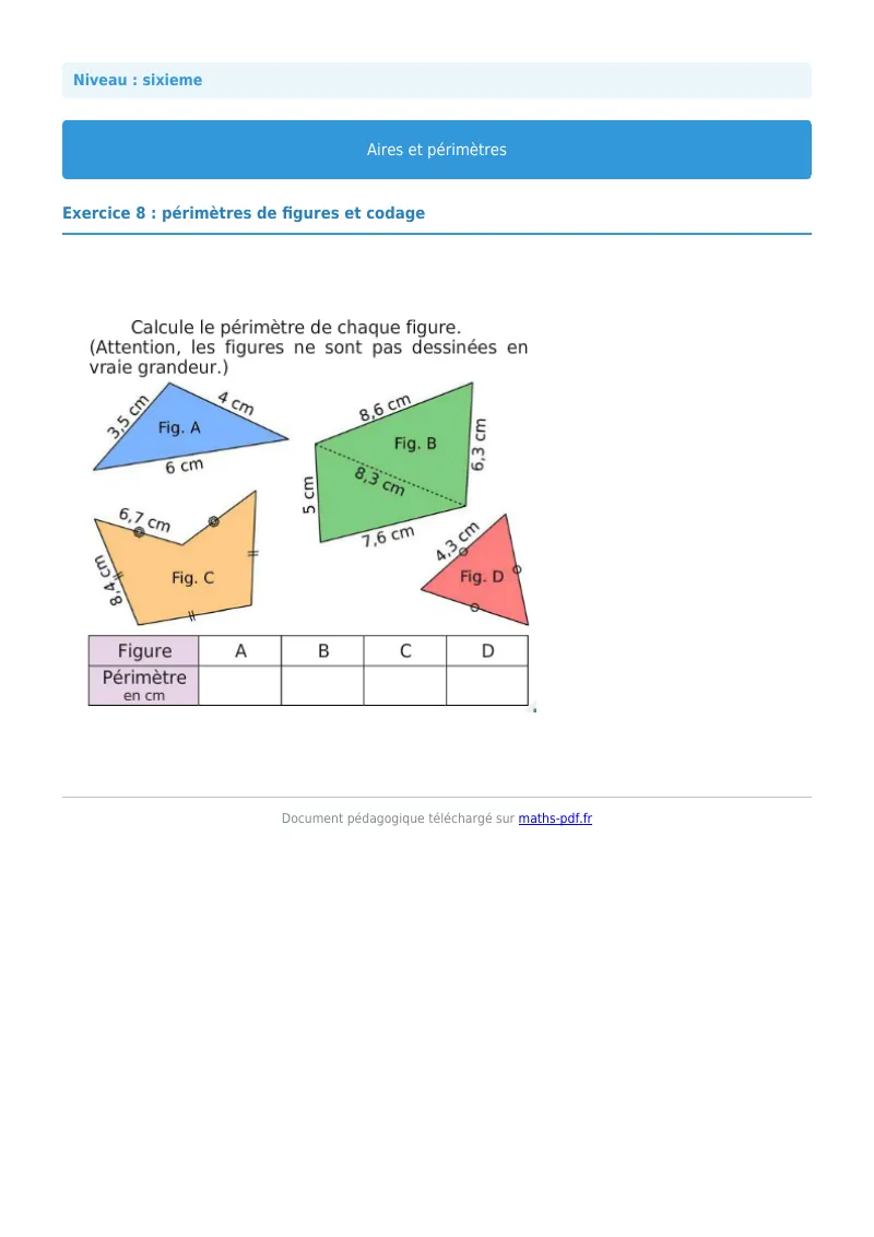 Aires et périmètres de figures : exercice n°8 de maths en 6ème corrigé en PDF