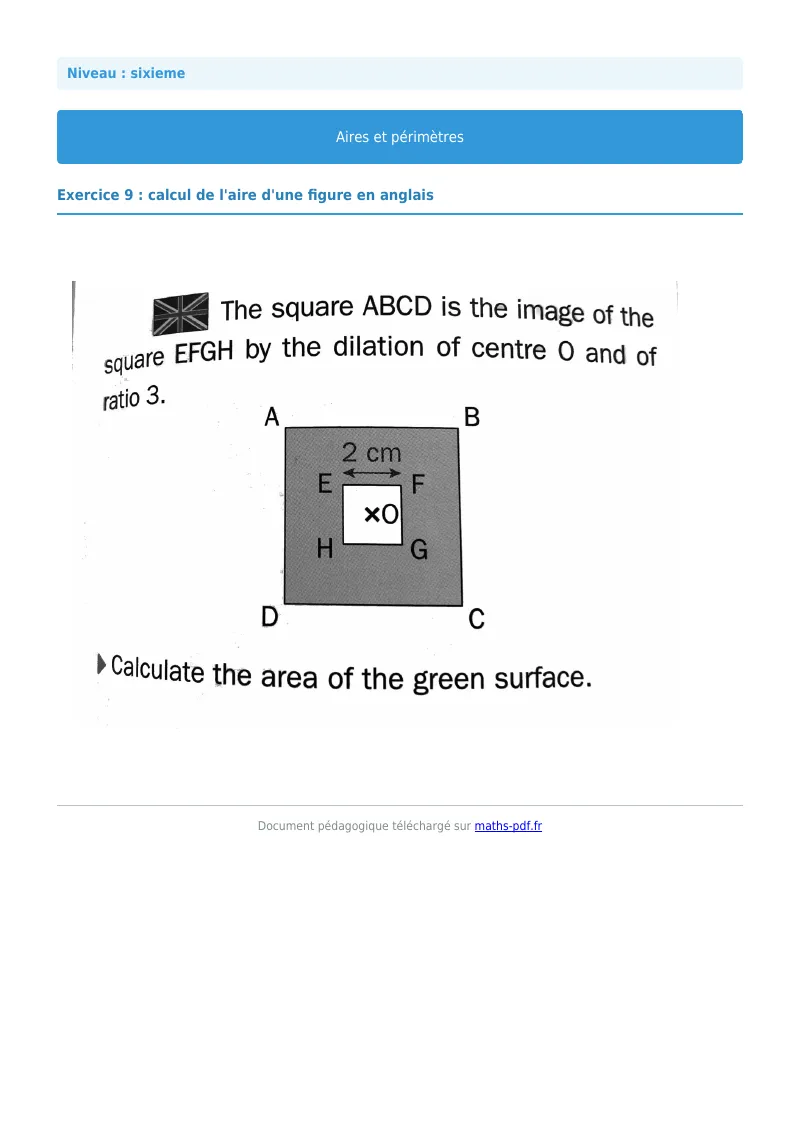 Aires et périmètres de figures : exercice n°9 de maths en 6ème corrigé en PDF