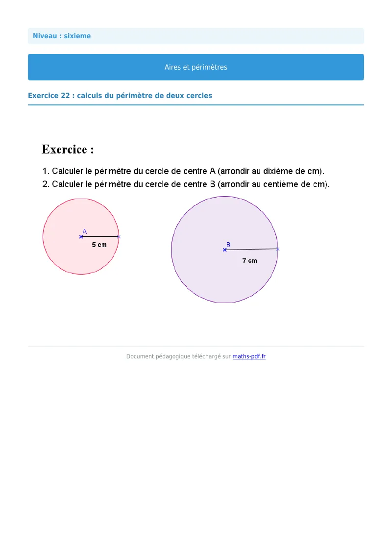 Aires et périmètres de figures : exercice n°22 de maths en 6ème corrigé en PDF