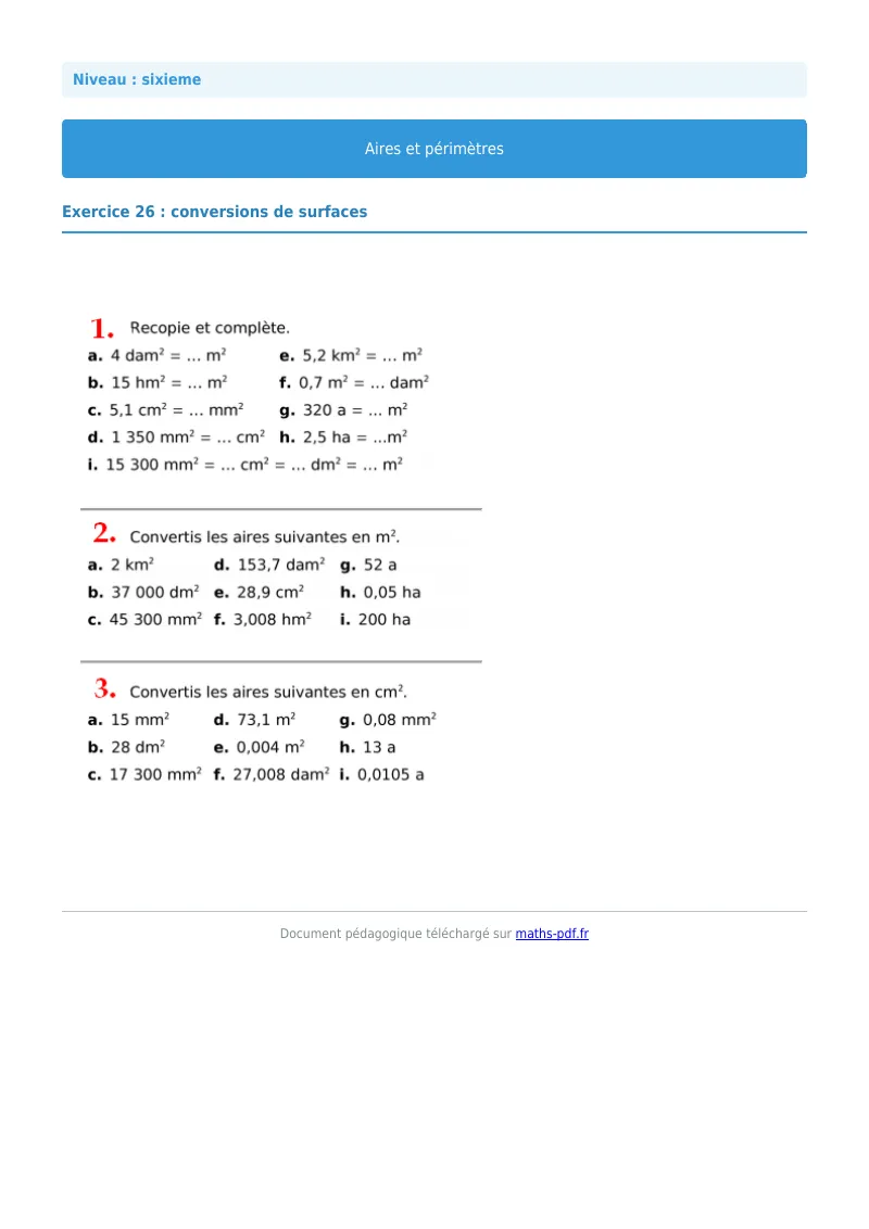 Aires et périmètres de figures : exercice n°26 de maths en 6ème corrigé en PDF