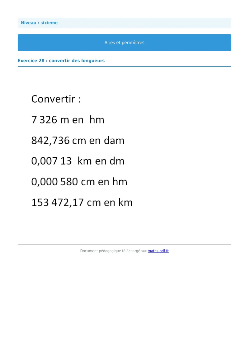 Aires et périmètres de figures : exercice n°28 de maths en 6ème corrigé en PDF