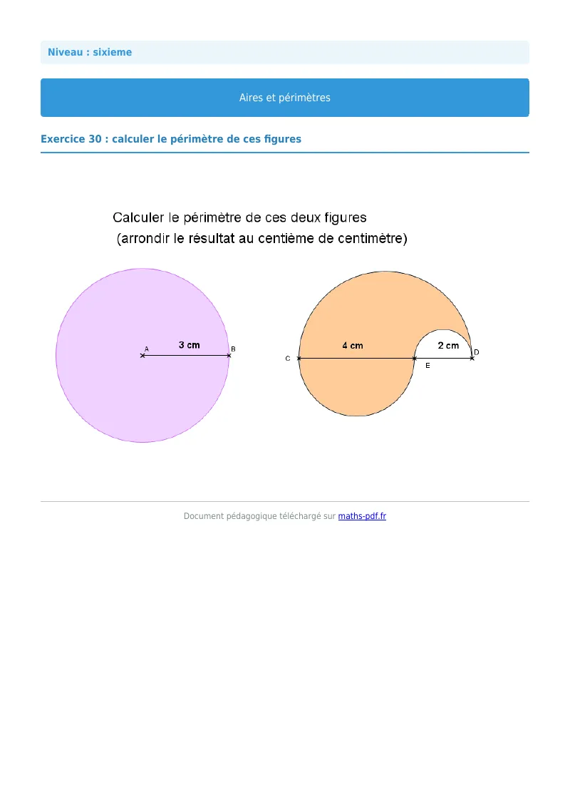Aires et périmètres de figures : exercice n°30 de maths en 6ème corrigé en PDF