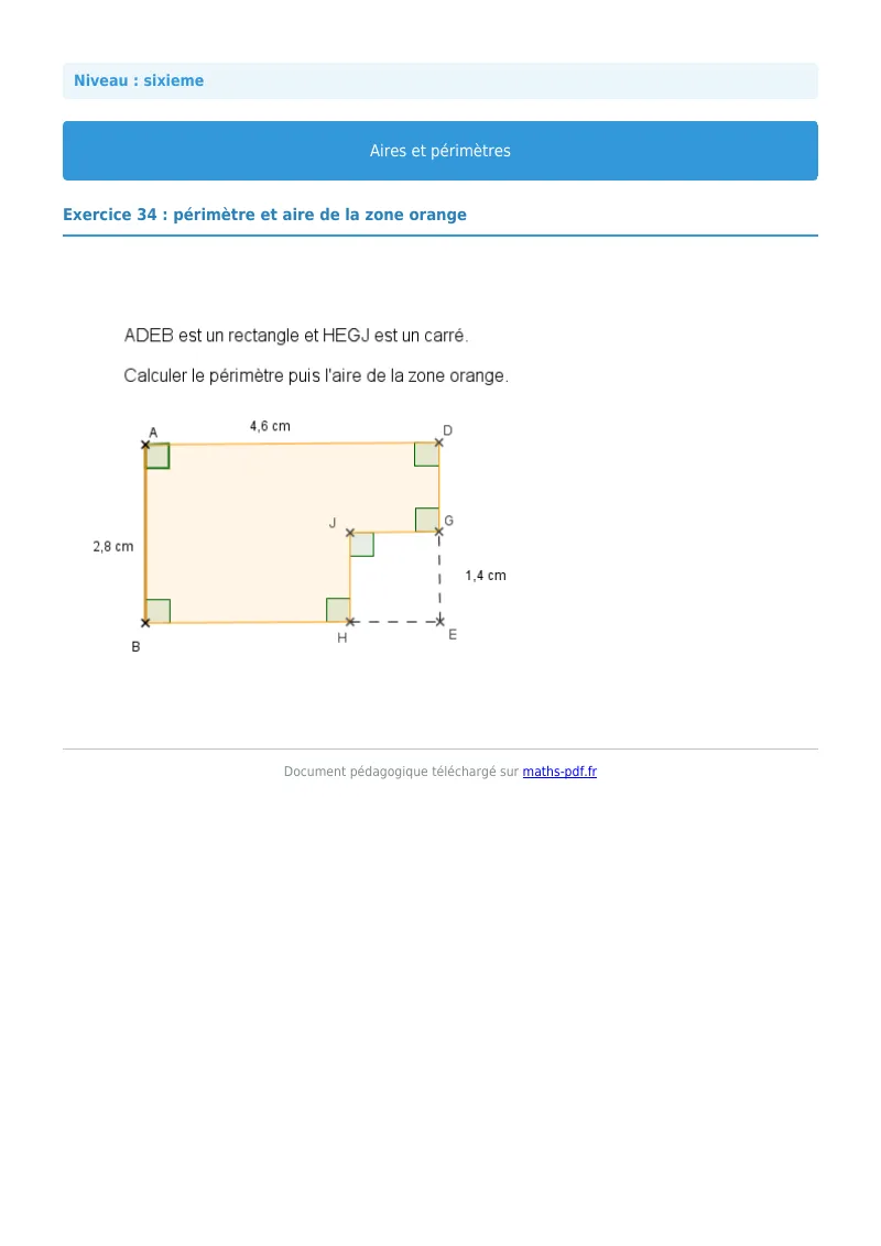 Aires et périmètres de figures : exercice n°34 de maths en 6ème corrigé en PDF