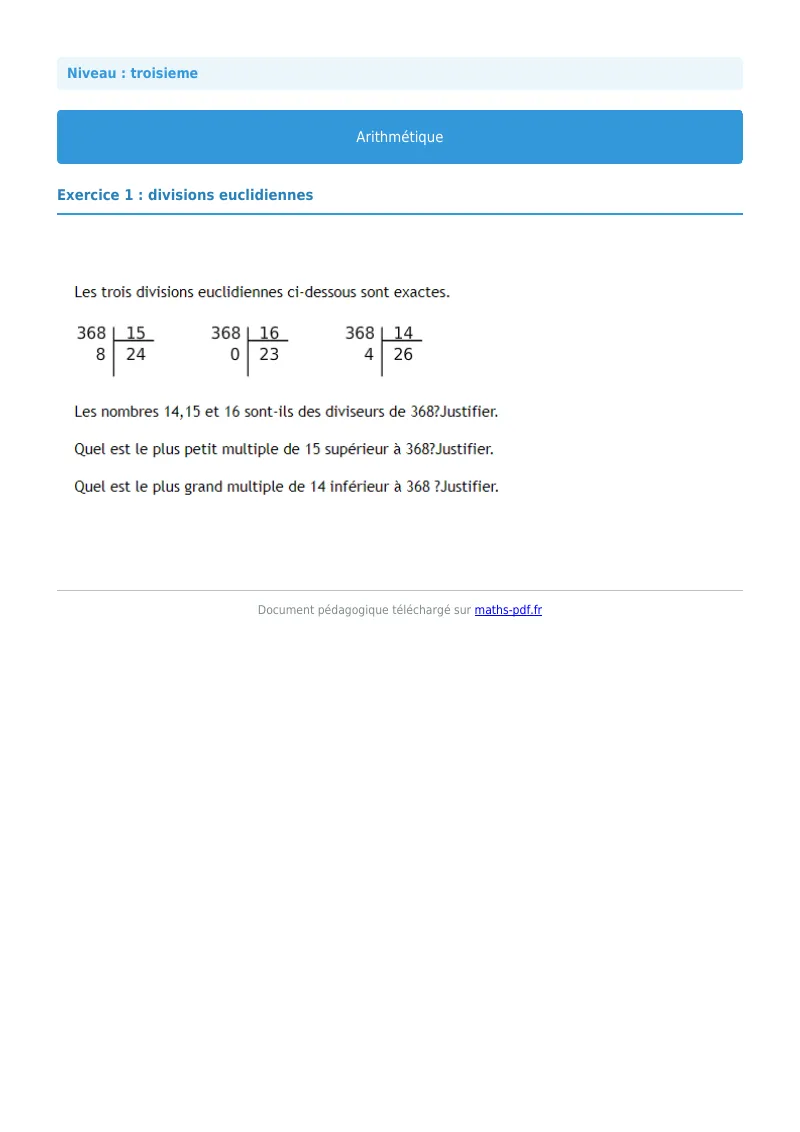Arithmétique et décomposition en facteurs premiers : exercice n°1 de maths en 3ème corrigé en PDF
