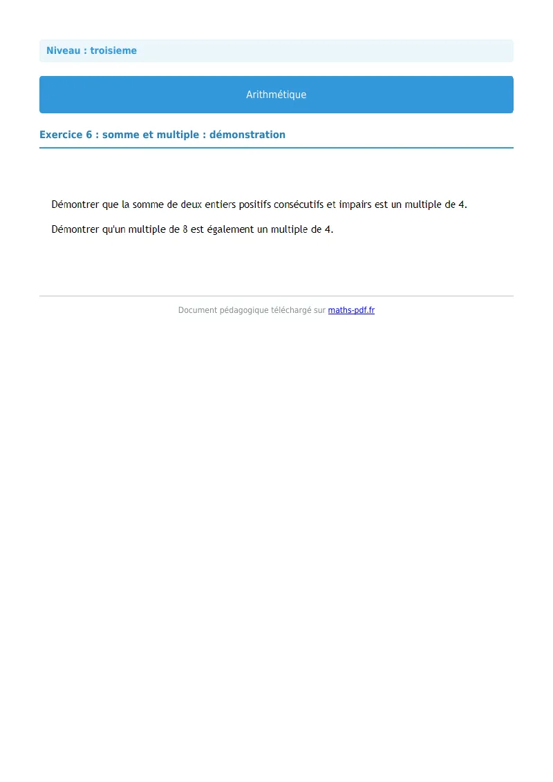 Arithmétique et décomposition en facteurs premiers : exercice n°6 de maths en 3ème corrigé en PDF