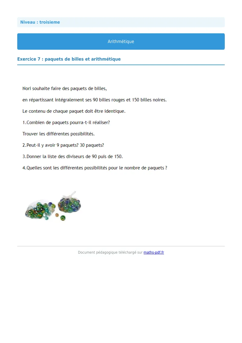 Arithmétique et décomposition en facteurs premiers : exercice n°7 de maths en 3ème corrigé en PDF
