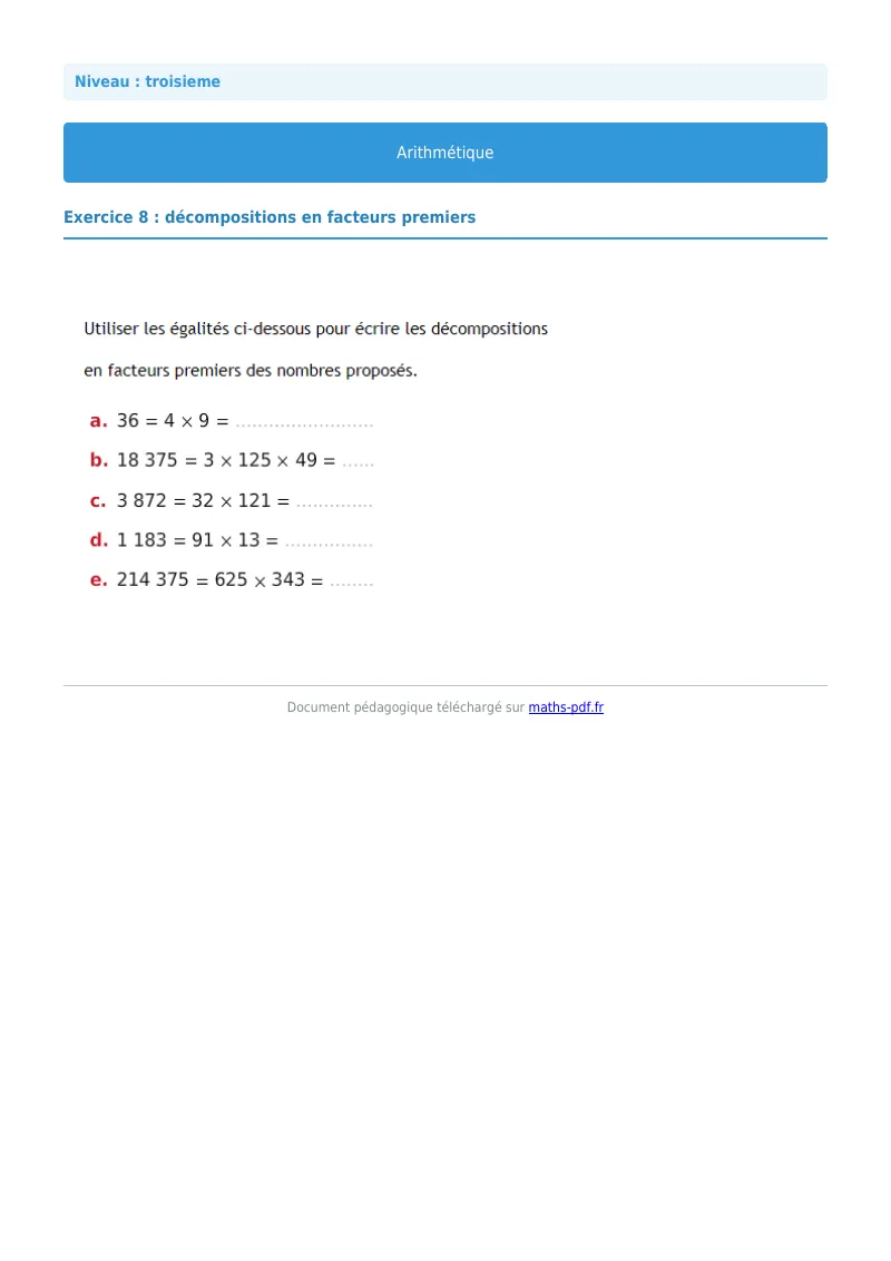 Arithmétique et décomposition en facteurs premiers : exercice n°8 de maths en 3ème corrigé en PDF