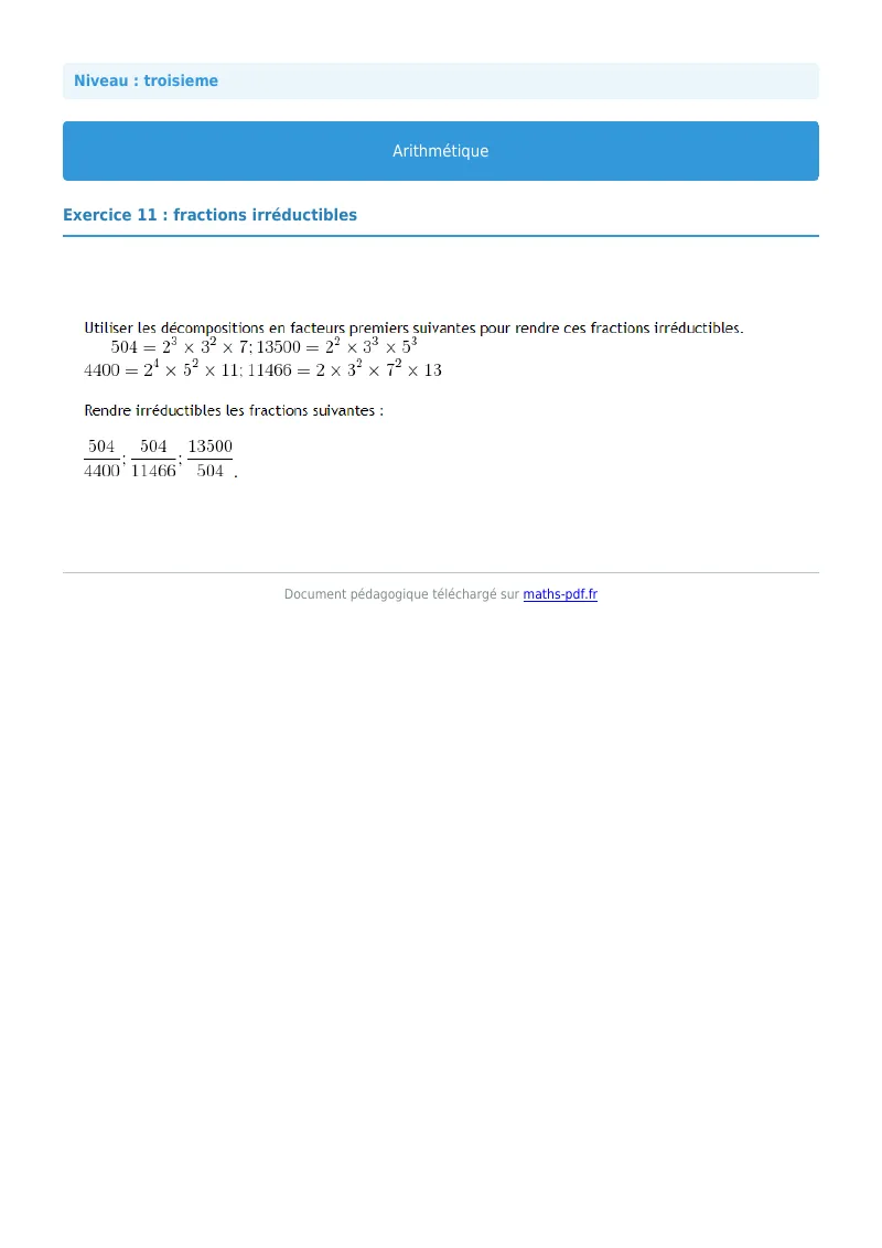 Arithmétique et décomposition en facteurs premiers : exercice n°11 de maths en 3ème corrigé en PDF