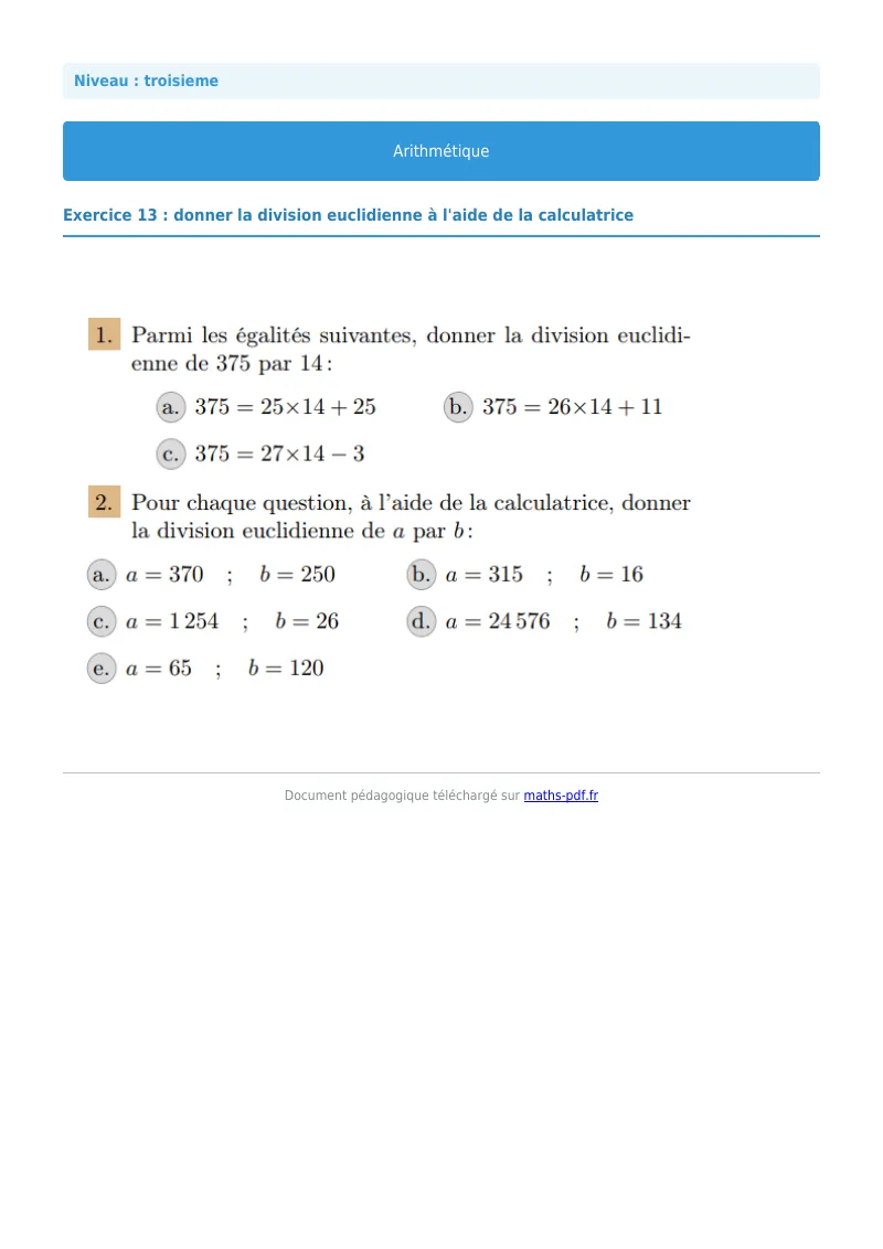 Arithmétique et décomposition en facteurs premiers : exercice n°13 de maths en 3ème corrigé en PDF