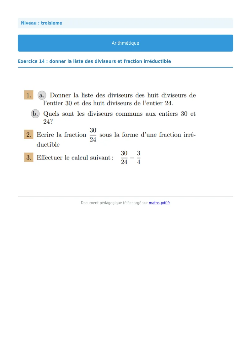 Arithmétique et décomposition en facteurs premiers : exercice n°14 de maths en 3ème corrigé en PDF
