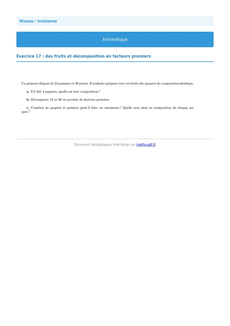 Arithmétique et décomposition en facteurs premiers : exercice n°17 de maths en 3ème corrigé en PDF