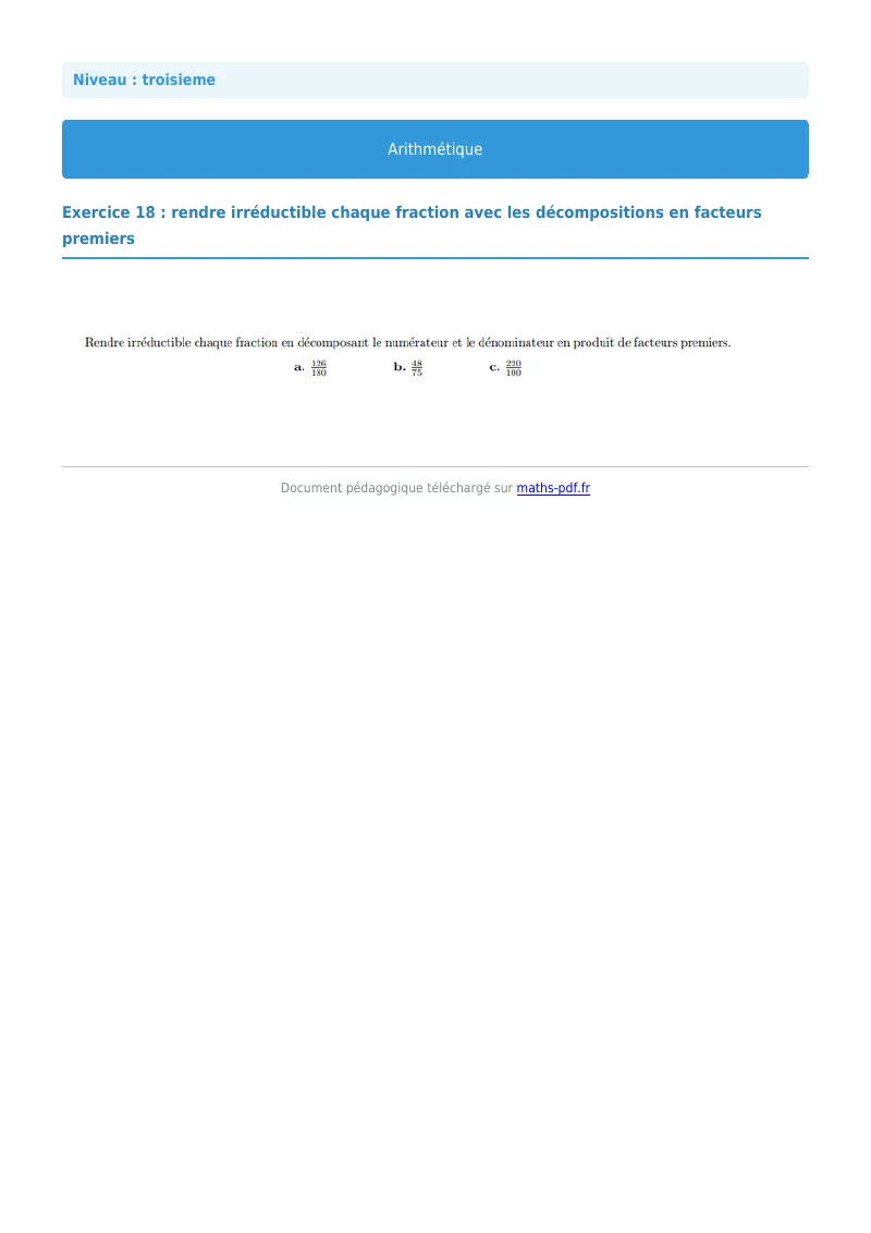 Arithmétique et décomposition en facteurs premiers : exercice n°18 de maths en 3ème corrigé en PDF