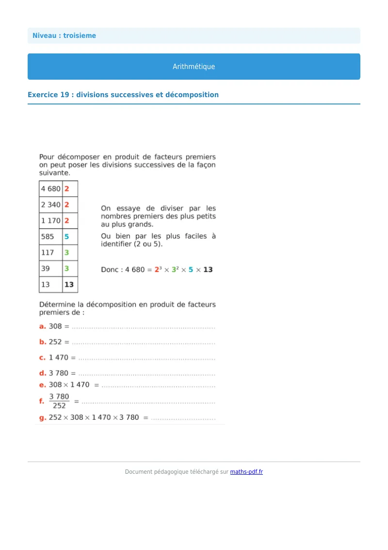 Arithmétique et décomposition en facteurs premiers : exercice n°19 de maths en 3ème corrigé en PDF