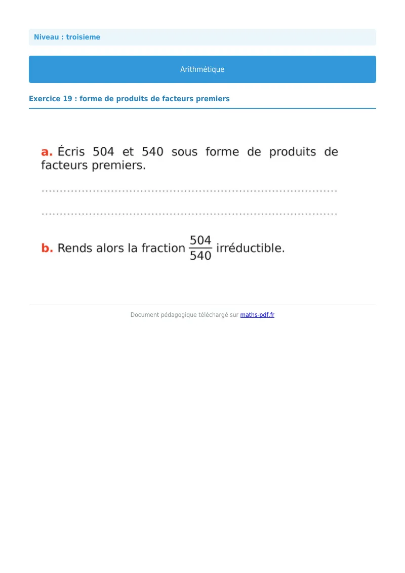 Arithmétique et décomposition en facteurs premiers : exercice n°20 de maths en 3ème corrigé en PDF