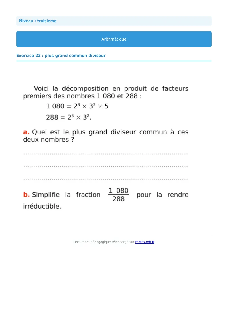 Arithmétique et décomposition en facteurs premiers : exercice n°22 de maths en 3ème corrigé en PDF
