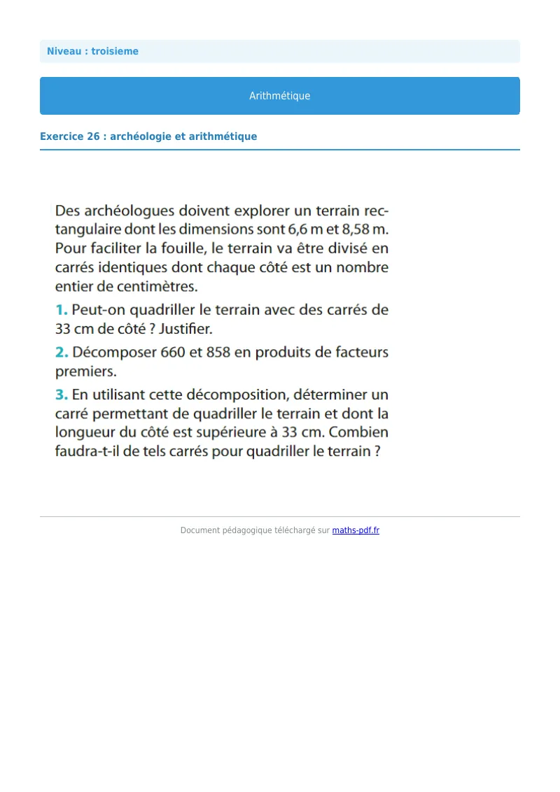 Arithmétique et décomposition en facteurs premiers : exercice n°26 de maths en 3ème corrigé en PDF