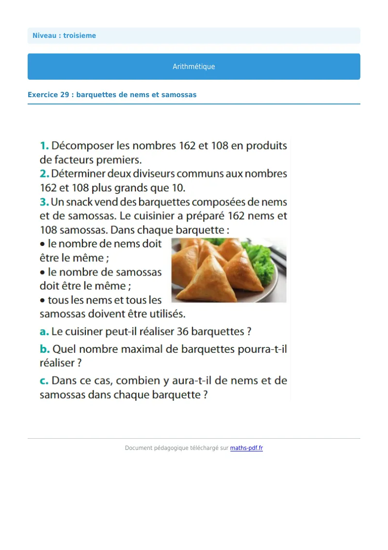 Arithmétique et décomposition en facteurs premiers : exercice n°29 de maths en 3ème corrigé en PDF