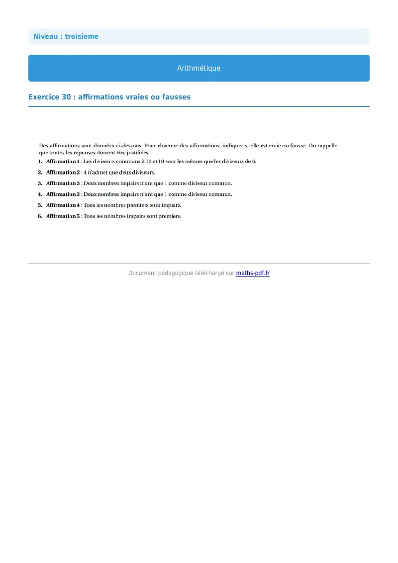 Arithmétique et décomposition en facteurs premiers : exercice n°30 de maths en 3ème corrigé en PDF