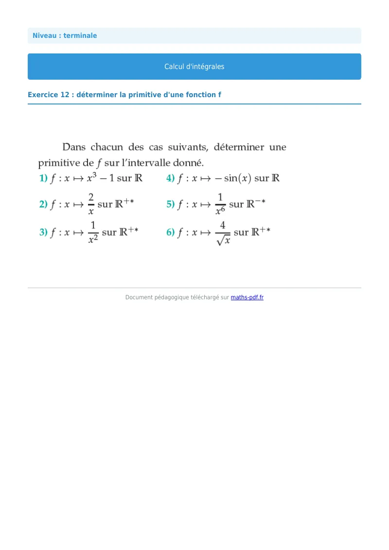Les intégrales : exercice n°12 de maths en terminale corrigé en PDF