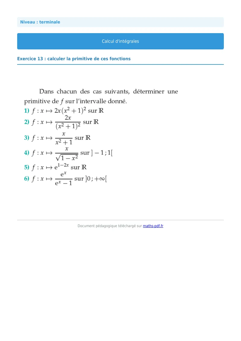 Les intégrales : exercice n°13 de maths en terminale corrigé en PDF